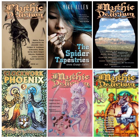 Covers by (clockwise from top left) Anita Allen and Anne Sampson, Ben Heys, Gary Every,  Bill Rutherfoord, Lissanne Lake, and Paula Arwen Owen.