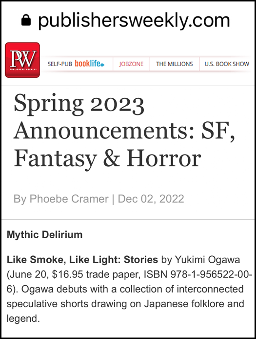 Publishers Weekly announcement of LIKE SMOKE, LIKE LIGHT by Yukimi Ogawa